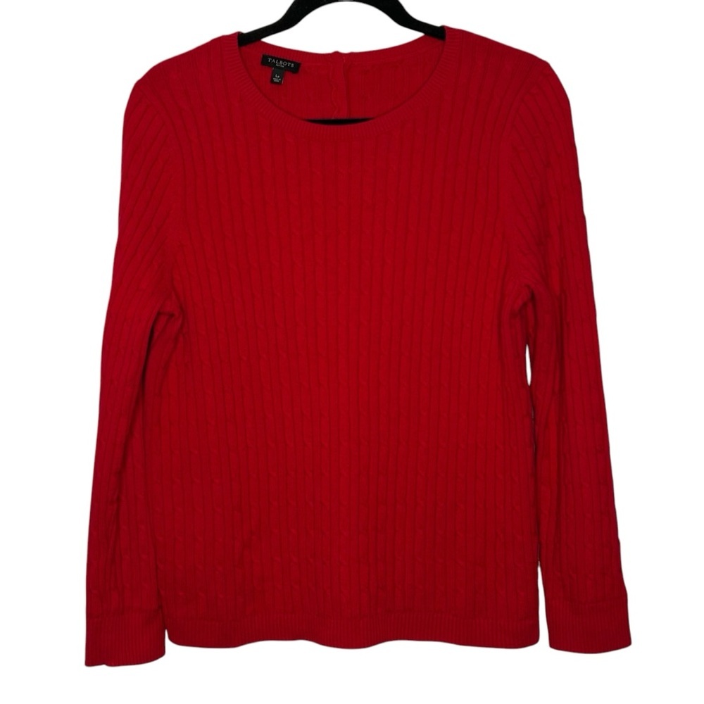 Talbots Cherry Red Round Neck Cable Knit Long Sleeve Sweater Sz LP